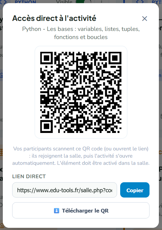 EduTools 'Direct access to the activity' modal showing a QR code, a direct link to copy and a Download QR button