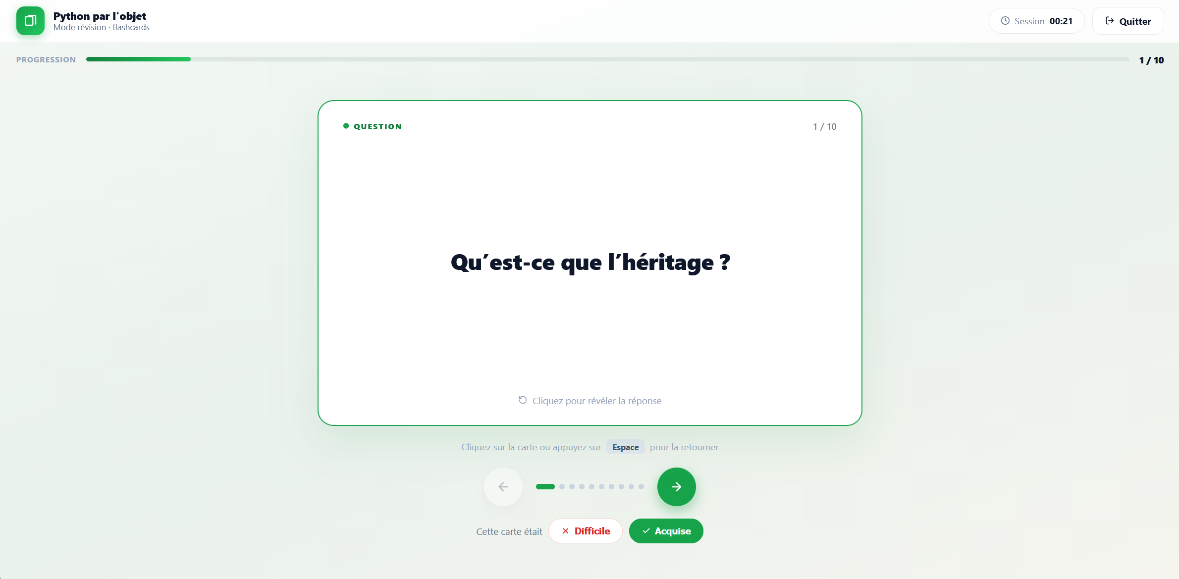 Flashcard EduTools côté question en mode révision : « Qu'est-ce que l'héritage ? », avec barre de progression et minuteur de session