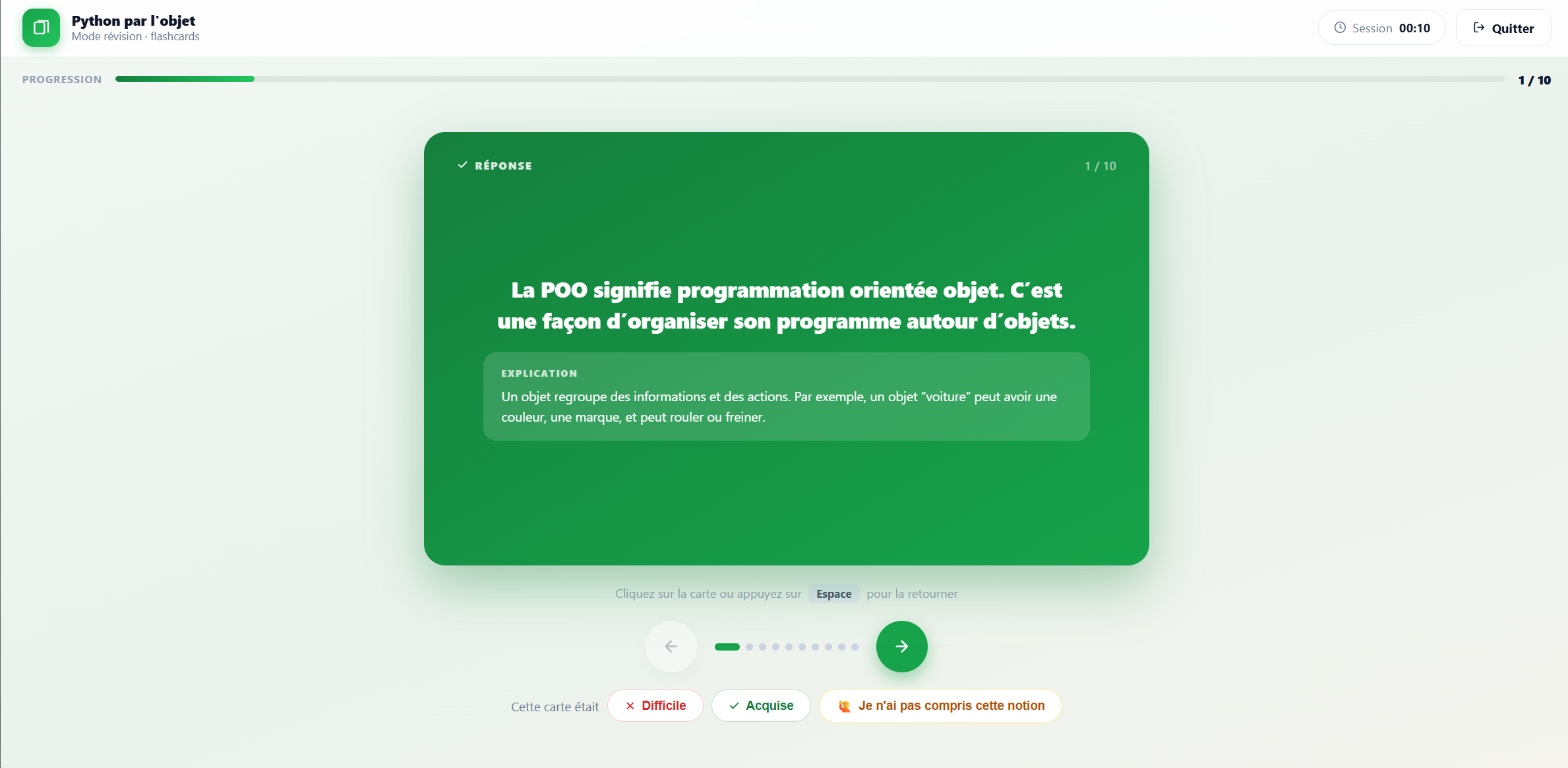 Flashcard EduTools côté réponse : définition de la POO avec une zone Explication et les boutons d'auto-évaluation Difficile, Acquise et Je n'ai pas compris